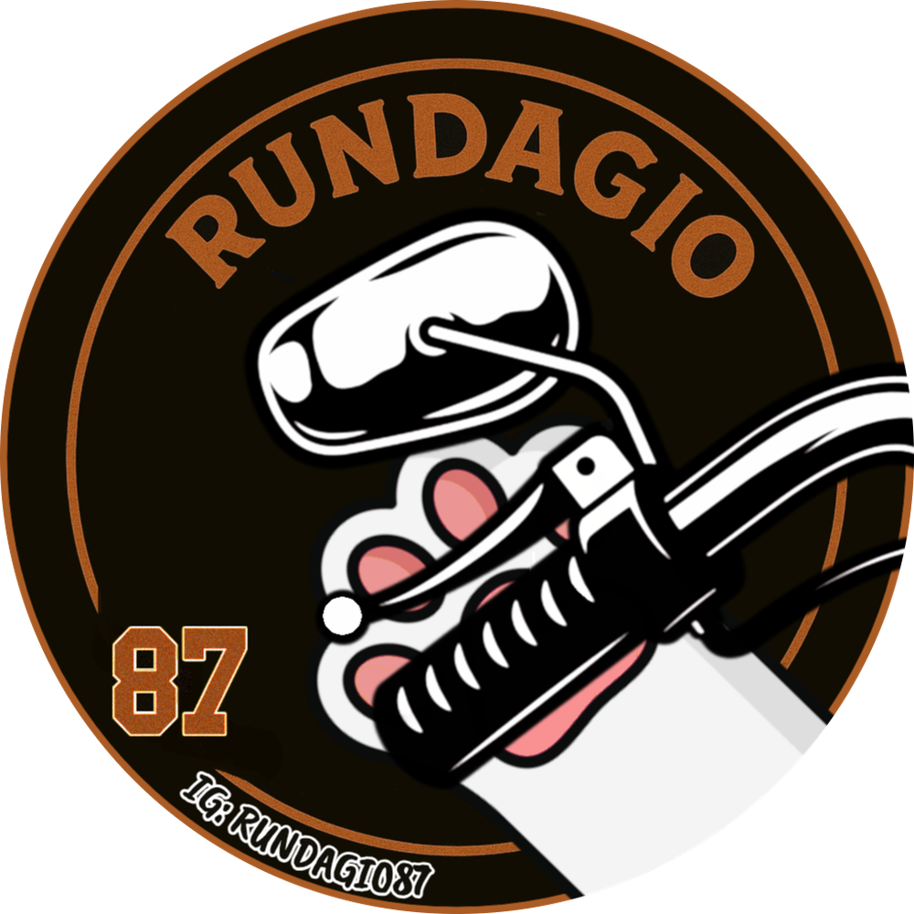 Rundagio 87 logo: a cat paw gripping a motorcycle handlebar and mirror